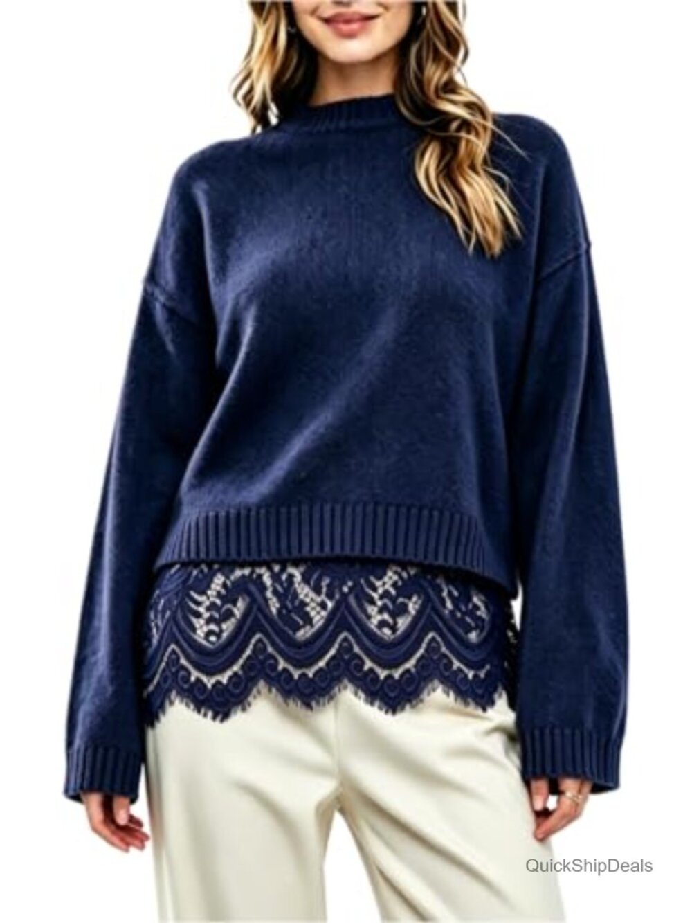 Lace Trim Pullover Sweater Mock Neck Bell Sleeve Knit Top